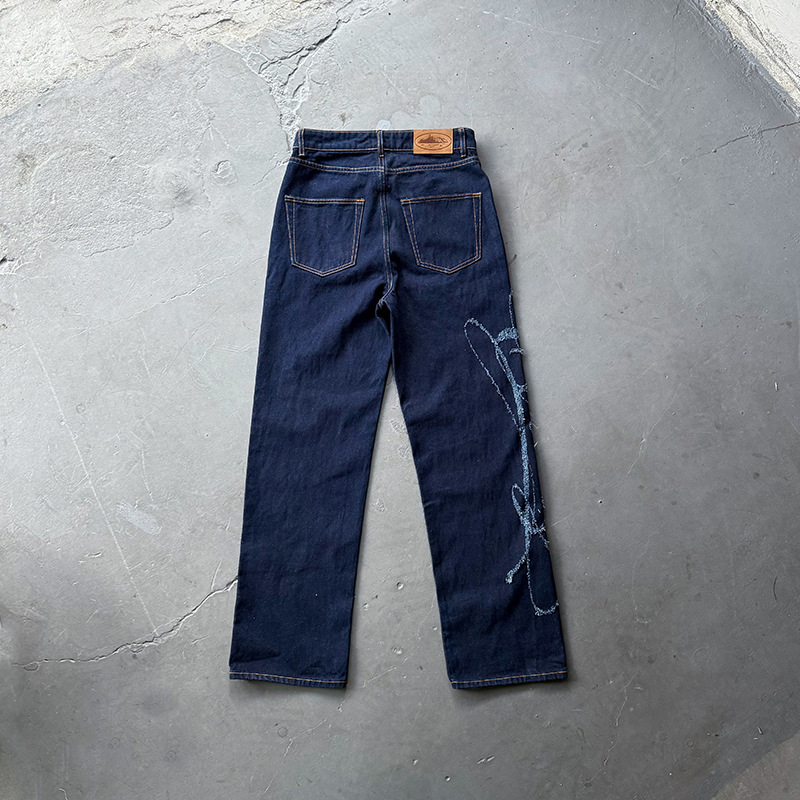Jeans Azules de Algodón para Hombre, Corte Recto y Holgado, Diseño de Letras con Efecto Quemado, Vibe