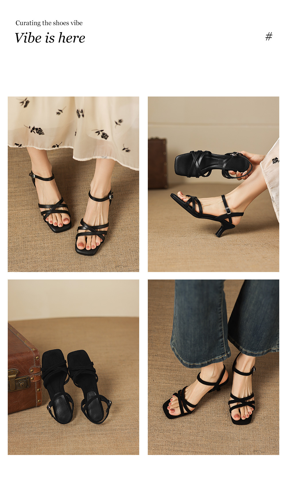 Sandal nữ da cừu hở mũi gót thô đầu vuông quai ngang — Da cừu đen chi tiết 1
