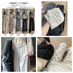 印花垂感糯米裤女秋季高腰小个子软糯阔腿裤蝴蝶结休闲直筒遛弯裤