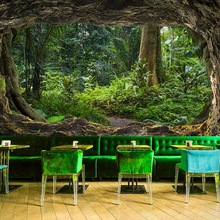 3d立体空间延伸餐厅背景墙壁纸山洞森林自然风景装饰壁画网红直播