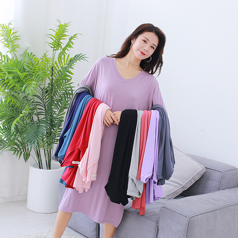 Korean version of modal V-neck dress 200kg fat MM loose short sleeve base skirt large size dress nightgown home clothes
