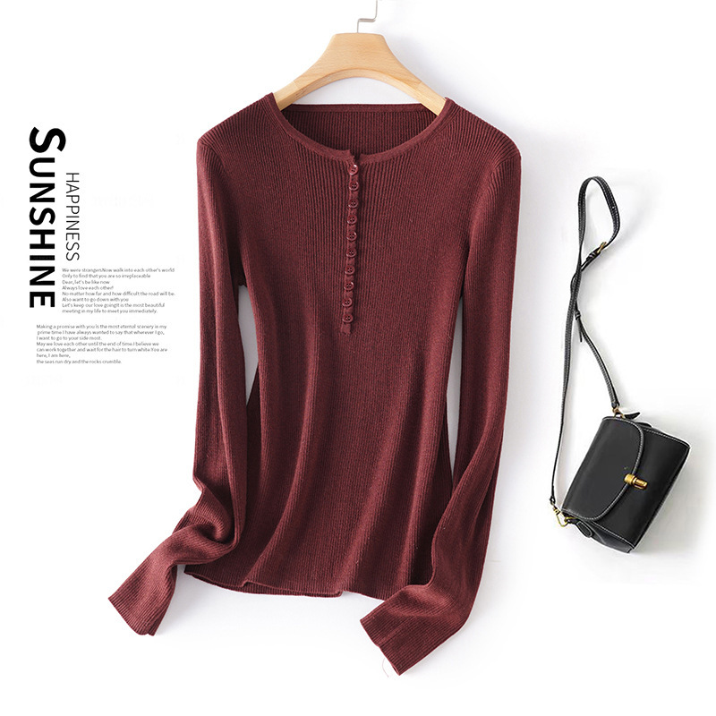 Caramel-colored henley-neck wool blend knit top for women, high-end, super stylish, slimming, new spring/autumn base shirt Caramel-colored henley-neck wool blend knit top for women, high-end, super stylish, slimming, new spring/autumn base shirt