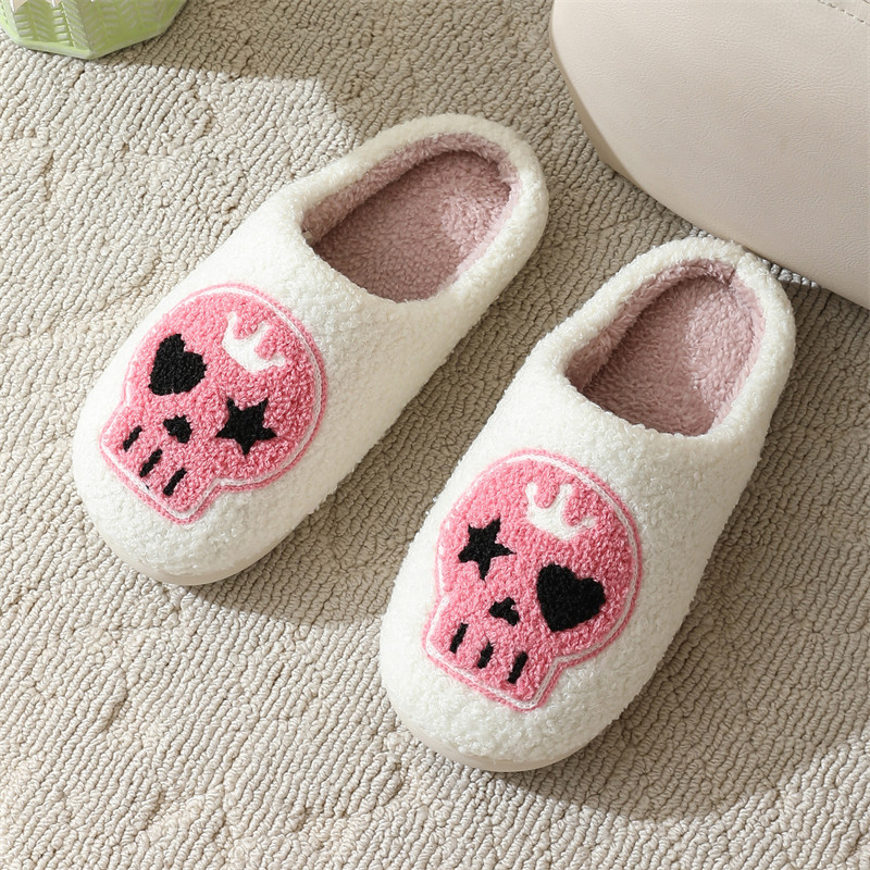Halloween Skeleton Plush Slippers Closed Toe Slippers Comfortable Warm Slip-on House Shoes Cute Soft Furry Slipper for Men Women S045_voghion.com