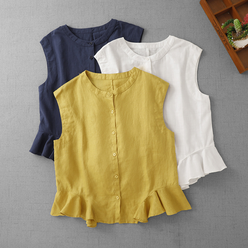 Real Shot of Simple Sleeve Round Neck Shirt Breathable 2025 Summer New Style Ruffled Hem Single-Breasted Vest Slimming Look Women