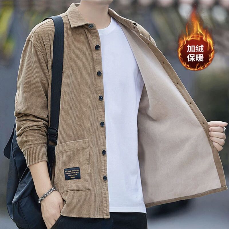 Heavyweight Corduroy Autumn and Winter Fleece-Lined Thickened Shirt Jacket Men's Long-Sleeve Warm Retro Casual Coat Top