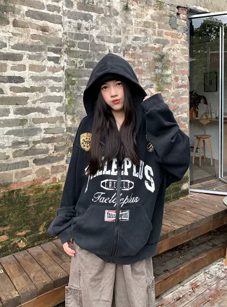 American retro letter print hooded zip-up sweatshirt for men and women, new autumn style, loose and versatile casual jacket