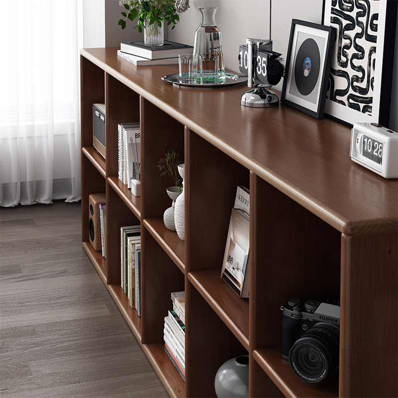 Estantería de madera de goma, gabinete de rejilla de madera maciza, sala de estar, soporte integrado contra la pared, almacenamiento de piso, estantería de color de nogal americano