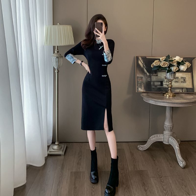 新中式国风复古连衣裙女秋冬显瘦气质感开叉加绒打底卫衣裙子|undefined
