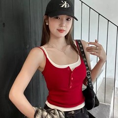 10125#夏季新款纯欲假两件撞色吊带背心修身一体式带胸垫百搭上衣