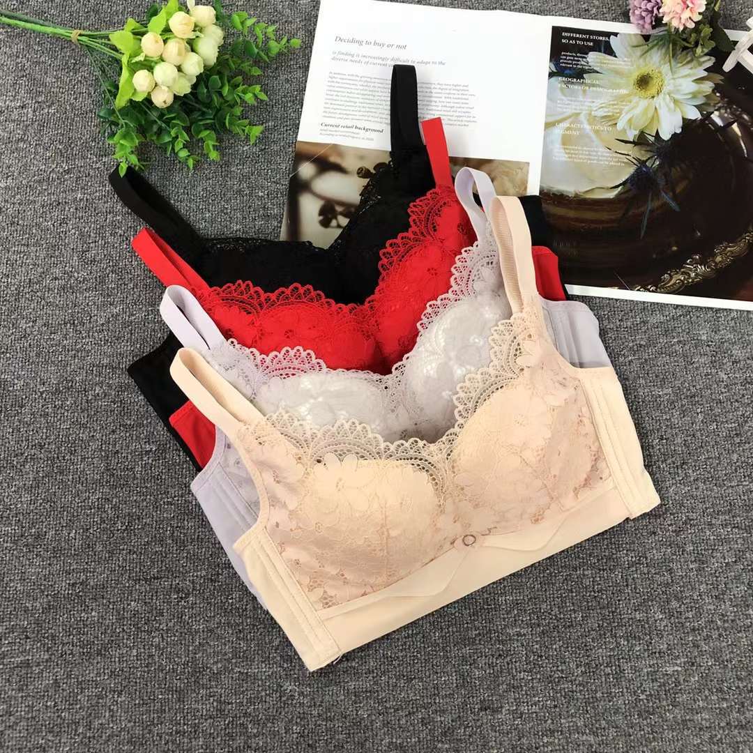 Nuevo sujetador sin anillo de acero de moda de encaje jacquard transpirable y cómodo, ropa interior de alta calidad, delgada y gruesa de cuatro botones para mujeres