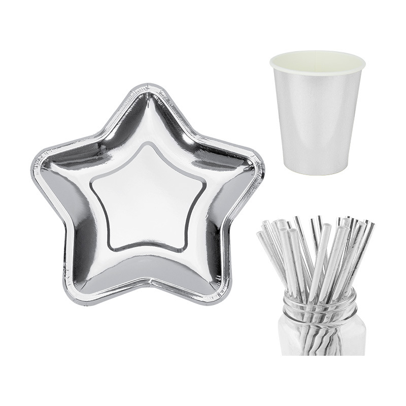 Juego de vajilla de papel desechable traje de fiesta de año nuevo de plata 7 pulgadas plato de papel de 9 pulgadas taza de papel tejido paja decoración