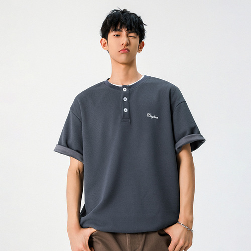 Light Luxury Old Money Texture Waffle-Weave Short-Sleeve T-Shirt for Men, Summer Style – Henry Collar Polo Shirt, 260g, Relaxed-Fit Tee