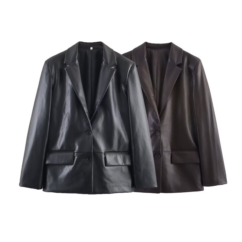 Cross-Border Wholesale 2025 Autumn European and American Style Women's Fashionable and Versatile Straight Leather Blazer 1255760 Cross-Border Wholesale 2025 Autumn European and American Style Women's Fashionable and Versatile Straight Leather Blazer 1255760