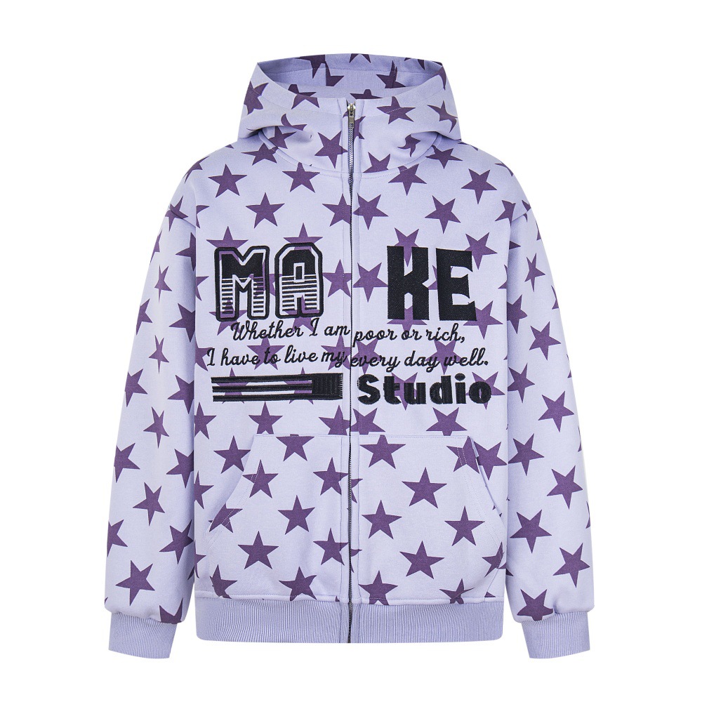 Full Print Fünfzackiger Stern Hoodie Herren, Trendiges Design, Nischen Schwere Stickerei, Lockere Passform Für Frühling Und Herbst_voghion.com