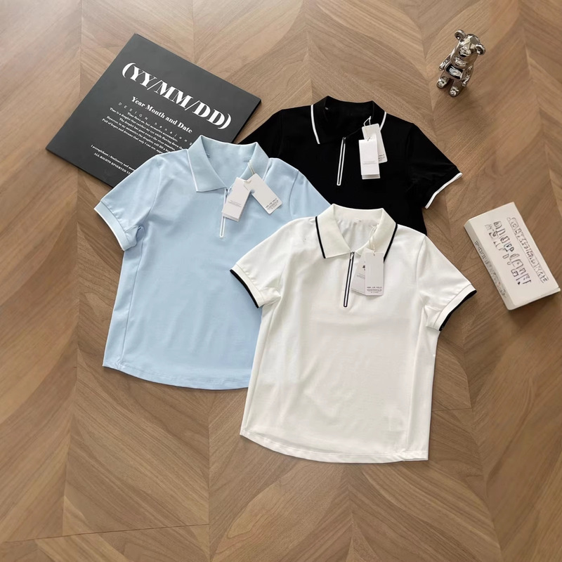 2026 Summer New Dior Half-Zip Color-Block Polo Shirt for Women, Ice Silk Breathable Turn-Down Collar Short-Sleeve Commuter Top