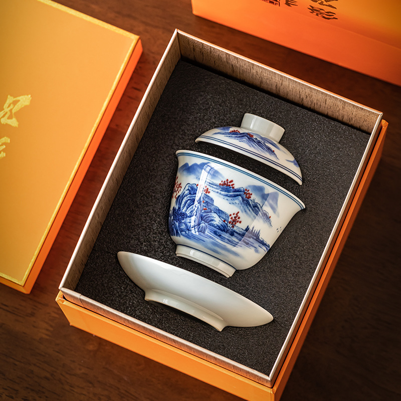 手工陶瓷盖碗茶杯大号泡茶三才碗功夫青花斗彩家用单个礼盒装茶碗