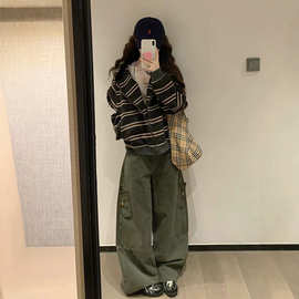 美式街头风2026秋冬女装慵懒风连帽条纹针织开衫卫衣拉链毛衣外套