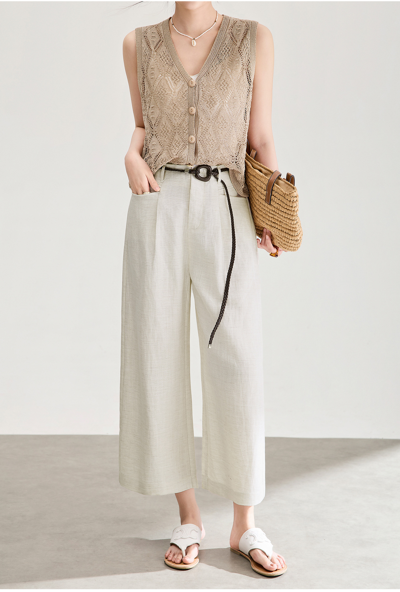 Quần culottes nữ ống rộng chất liệu linen phối sợi tencel, cạp cao dáng suông, mặc mùa hè thoáng mát — Xanh lông mòng đen chi tiết 2