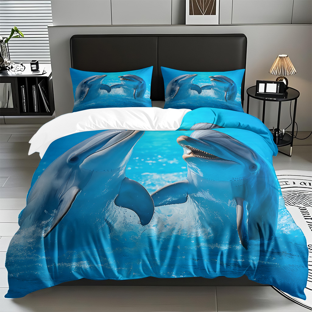 TEMU / JIT Amazonas transfronterizo varios animales marinos patrón 3D impresión digital colcha colchón kit de almohada