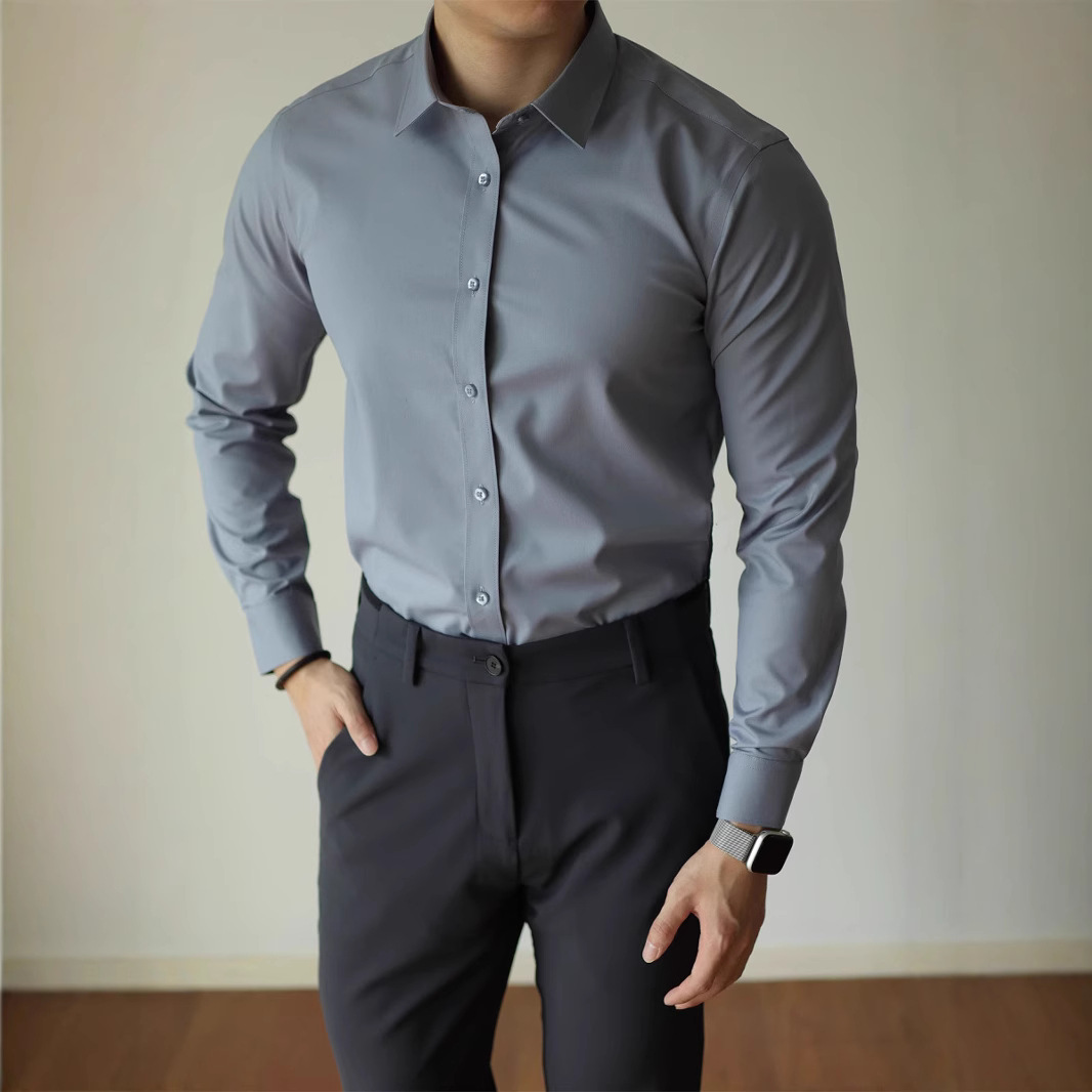 [Grado de lujo] Camisa de color sólido de estilo empresarial Camisa casual de caballero de viaje de manga larga para hombre Camisa formal de alta calidad