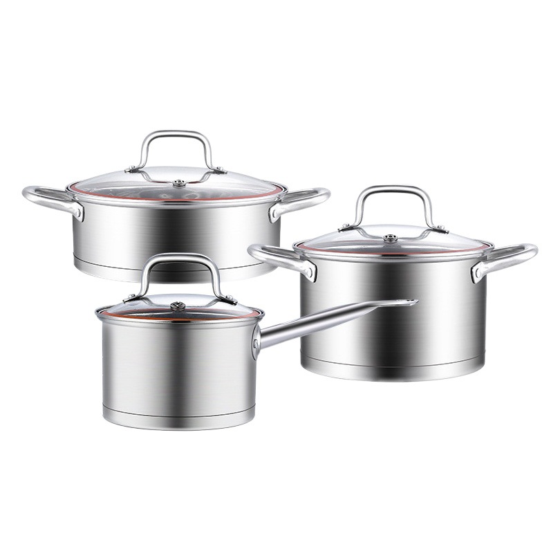 Juego de utensilios de cocina de acero inoxidable 304, olla de doble fondo grueso, olla para sopa, olla para leche, juego de tres piezas para cocina doméstica