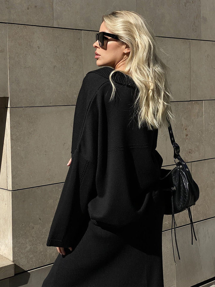 Bộ đôi áo len dệt kim cổ V tay dài phối chân váy, áo dài 50–65 cm — Màu camel, Màu trắng, Màu xám, Màu đen chi tiết 22