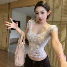 原版蕾丝+网纱双层 u领蕾丝衫短袖t恤女夏季修身甜辣妹绝美上衣