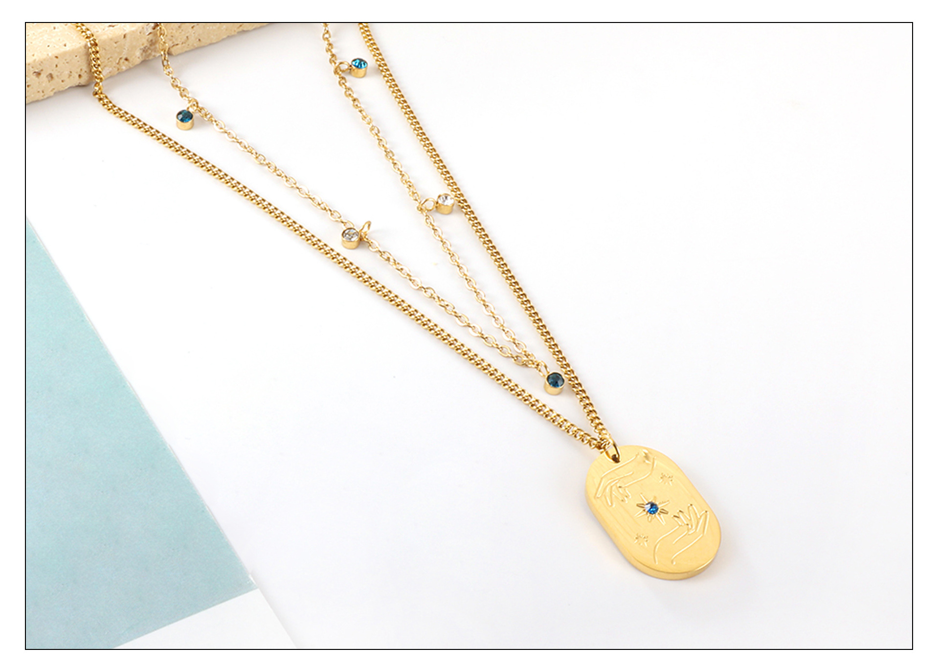 Retro Square Star Oval Stainless Steel Inlay Rhinestones Necklace