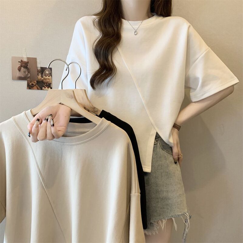 Summer Korean Style Fashionable Design with Irregular Hem Slit Round Neck Short-Sleeve T-Shirt for Women Trendy Short Top Summer Korean Style Fashionable Design with Irregular Hem Slit Round Neck Short-Sleeve T-Shirt for Women Trendy Short Top