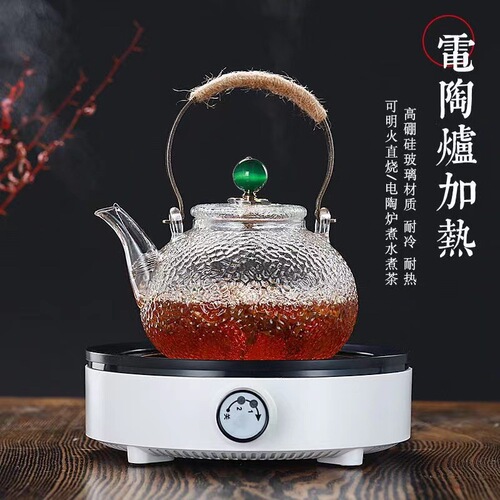High Borosilicate Glass Tea Kettle Hammered Pattern, Electric Ceramic Stove Burner Water Kettle with Copper Handle, Teapot Glass Tea Set Wholesale