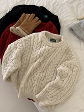 韩系复古黑色麻花毛衣女秋冬加厚宽松慵懒外穿显瘦纯色毛针织上衣