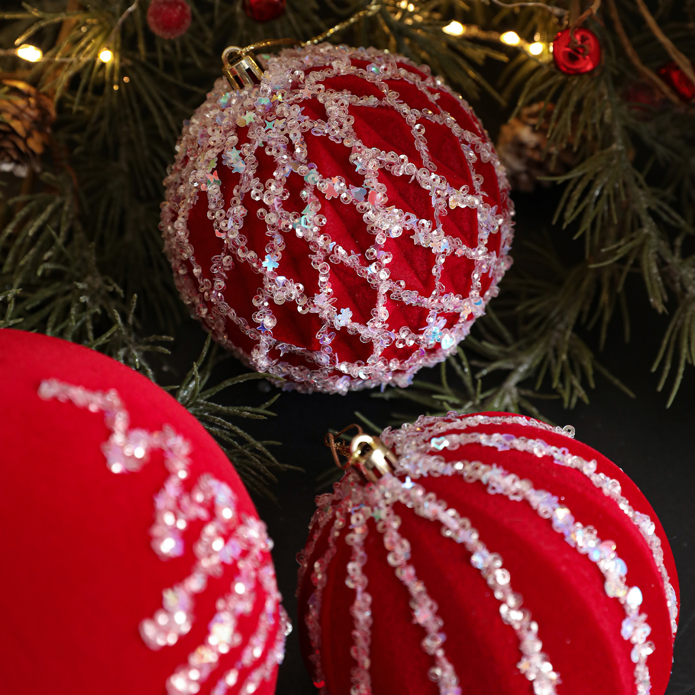 Nuevo rojo flocado bola polvo adhesivo sequinilla bola de Navidad árbol de Navidad ventana decoración del centro comercial accesorios de decoración