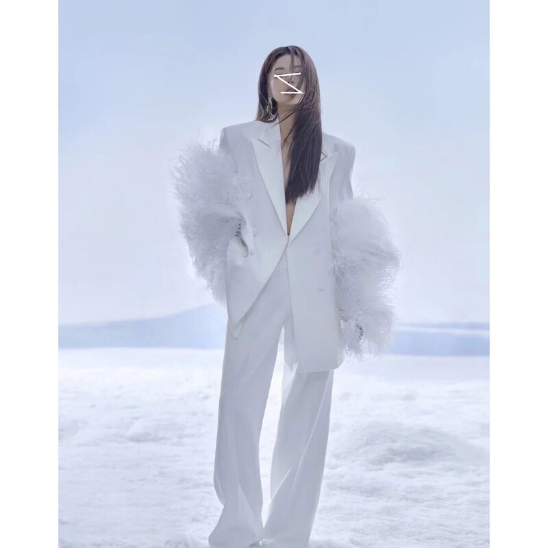 In-Stock Professional Commuting Heavy-Duty Feather Splicing Sleeve Double-Breasted Loose Jacket High-Waisted Straight-Leg Suit Pants Set