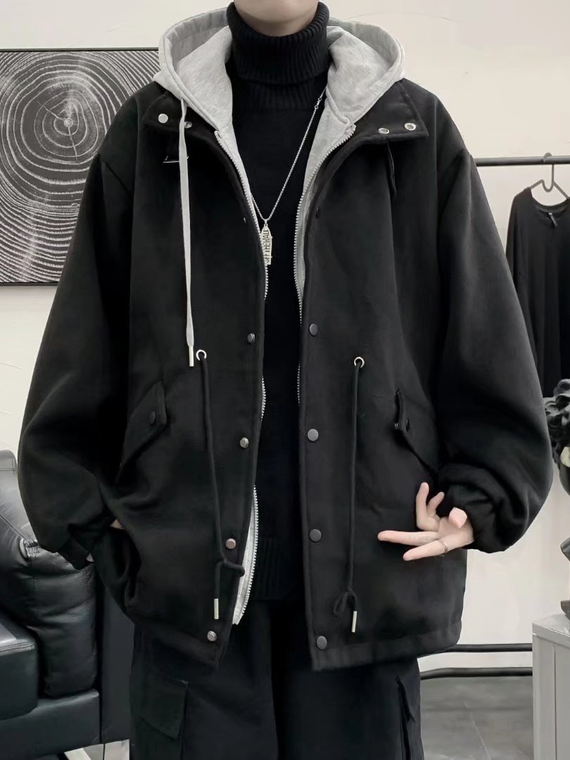 Oscuro ins moda marca High Street abrigo de lana de los hombres Otoño e Invierno estilo coreano moda suelta con capucha abrigo de lana