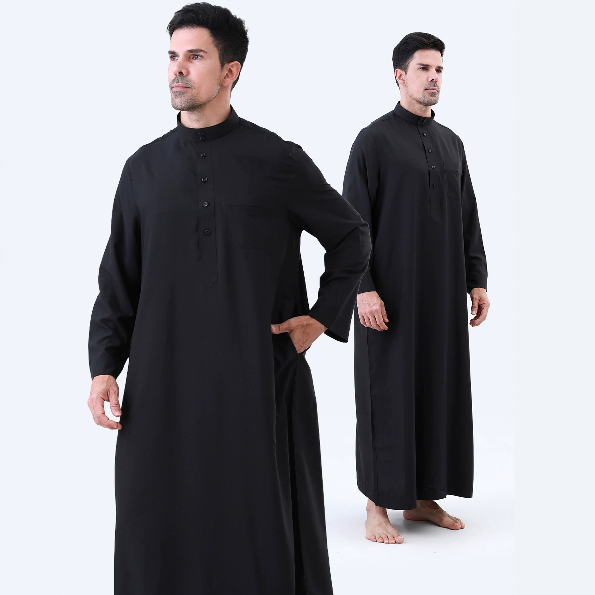 SP0090 New men's solid black stand-up collar robe, loose straight cut, suitable for both home and outdoor wear