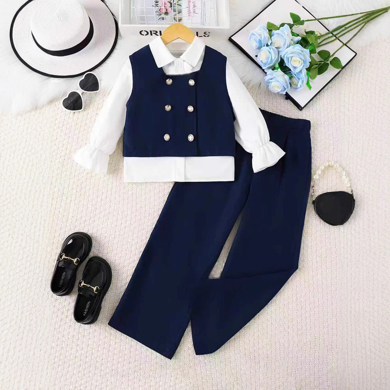 Foreign Trade Children's Three-Piece Suit, Dark Blue Vest, Long-Sleeved Shirt, Trousers, British Style Girls' Suit