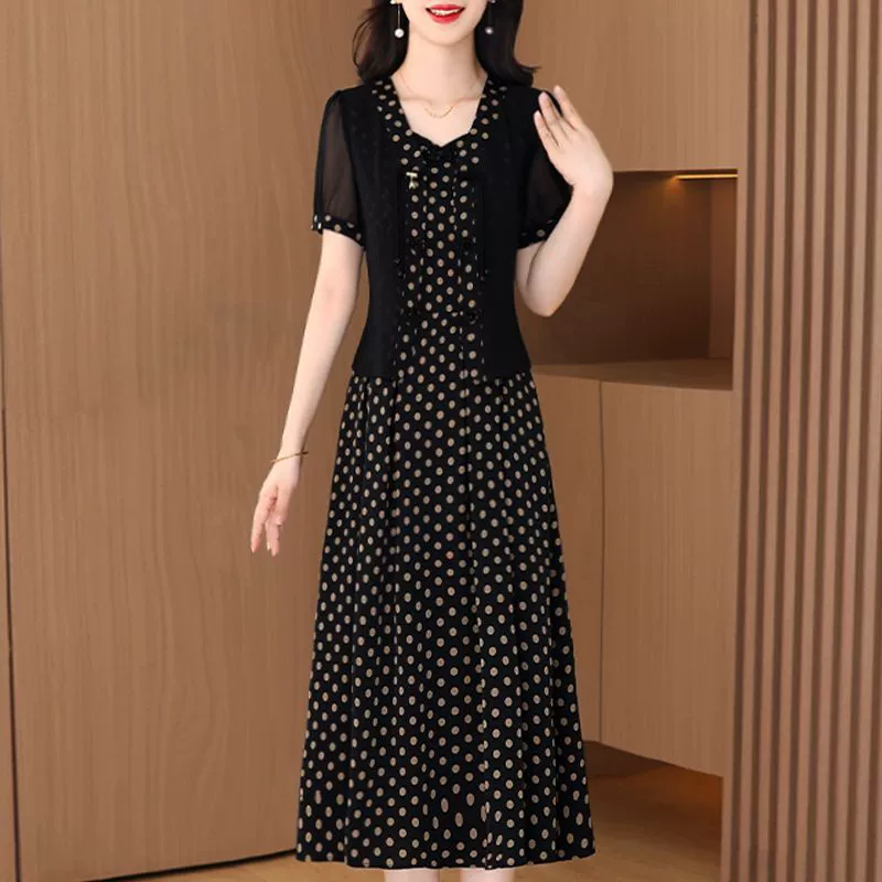 Модный и элегантный новый костюм молодой матери в китайском стиле, стильный женский комплект из двух предметов в горошек для похудения, закрывающий живот, с короткими рукавами