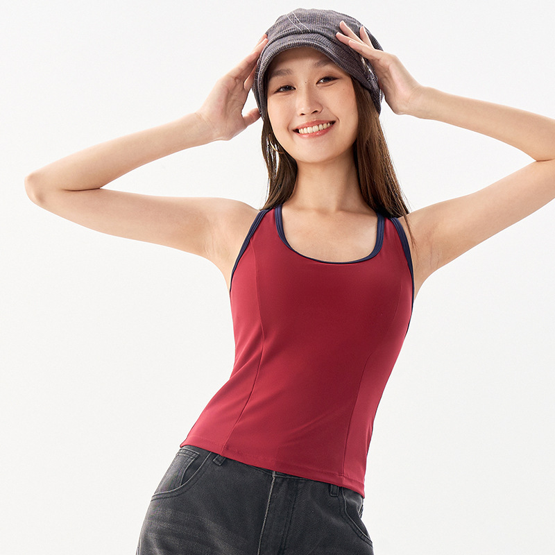 夏の新型中強度運動ベスト工字袖なしアメリカ速乾外着ヨガ上着胸パッド付き女性|undefined