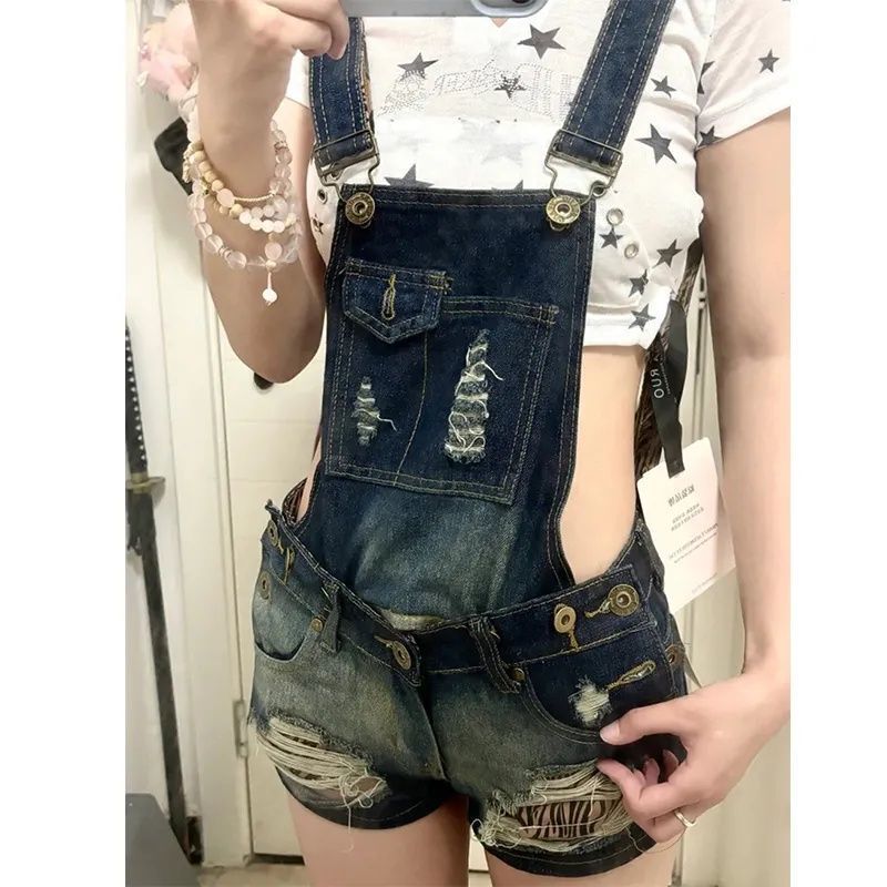 2025 Summer American Hot Girl Washed Vintage Distressed Ripped Denim Overalls Women's Slimming Hip Shorts Trend