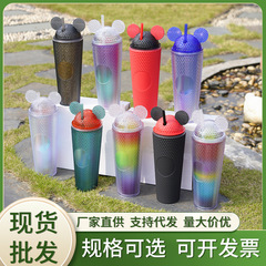 クロスボーダー猫耳二層プラスチックストローカップ 710 ミリリットル大容量ストローカップ蝶結び目付きドリアンカップ
