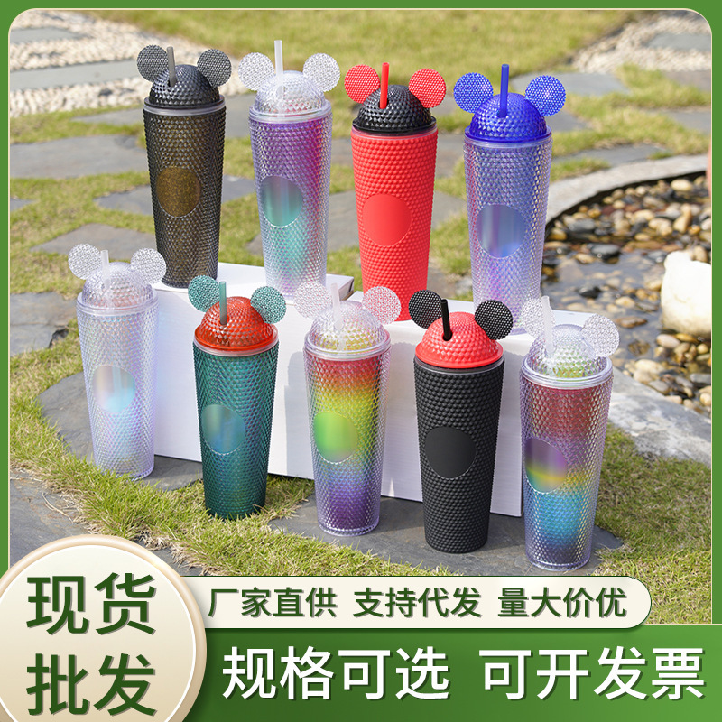 クロスボーダー猫耳二層プラスチックストローカップ 710 ミリリットル大容量ストローカップ蝶結び目付きドリアンカップ|undefined