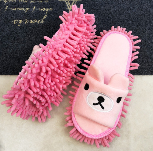 Couple style cute cartoon bear ears short plush removable bottom lazy mop floor sweeping mop slippers