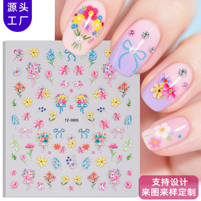 Zhengxiang Internet Celebrity New 5D Nail Art Stickers Wholesale DIY Acrylic Pearl Diamond Flower Bow Ins Nail Stickers