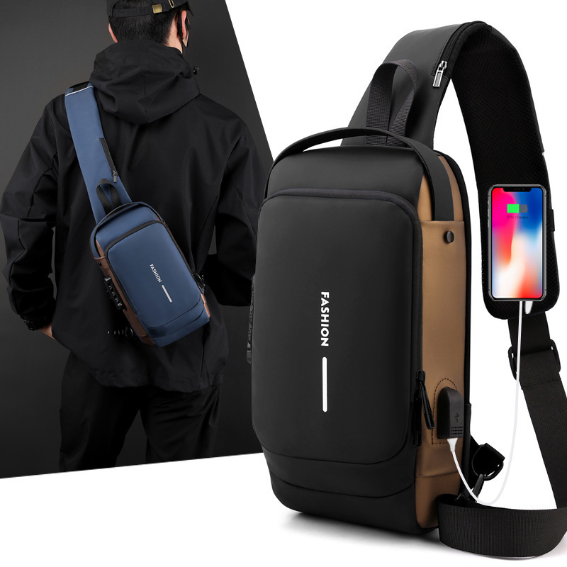コントラストカラーバイクバッグメンズパスワードロック盗難防止チェストバッグメンズクロスボディバッグチェストバッグアウトドアスポーツUSBインターフェースチェストバッグ|undefined