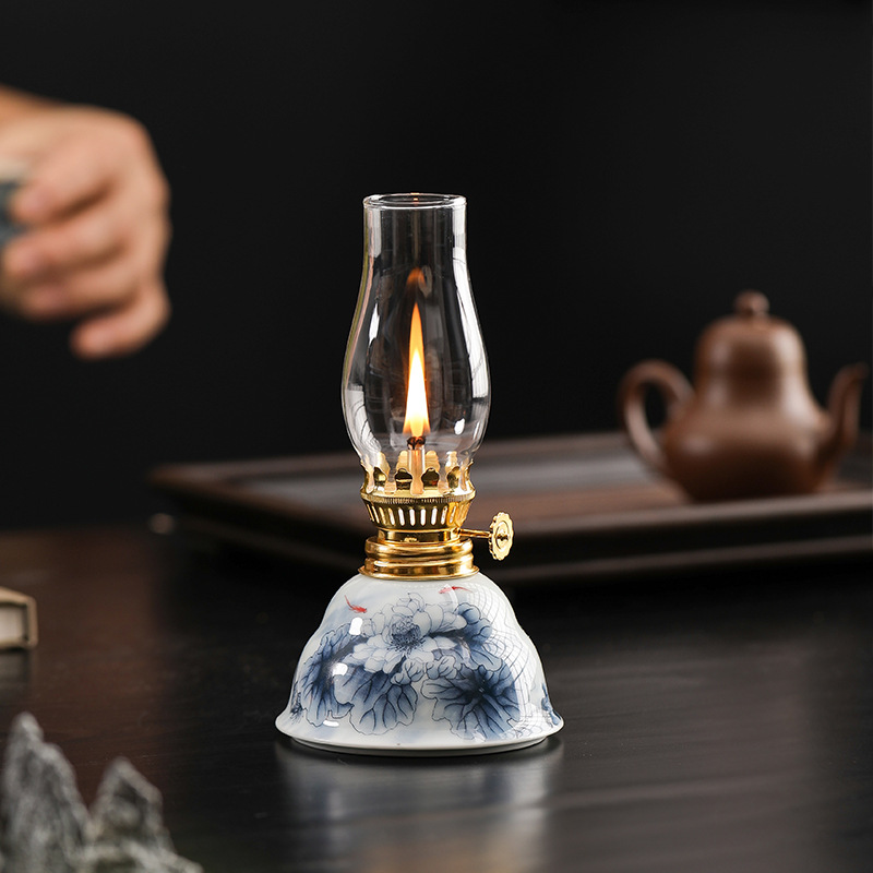 Lotus Pond Moonlight ceramic butter lamp atmosphere lamp ornament retro eternal lamp home blue and white camping Buddhist offering candle holder