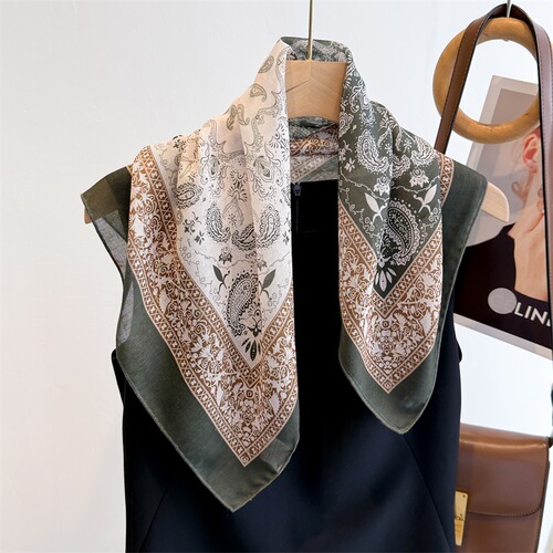 Retro cotton and linen cashew silk scarf for women's new fashionable small square scarf all-match decorative scarf sunscreen shawl