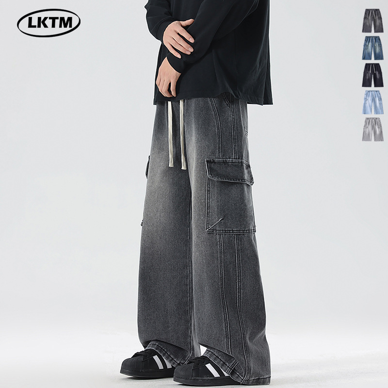 Jeans da lavoro da uomo LKTM stile americano con multitasche e patchwork, vestibilità ampia, coulisse, gamba dritta, vita media, cotone, nero, blu_voghion.com