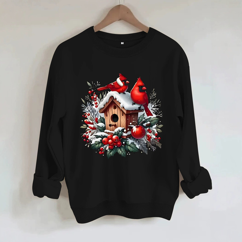 Amazon women's crew neck sweatshirt for spring and autumn, festive red with a cardinal and cottage design, long-sleeved fleece sweatshirt Amazon women's crew neck sweatshirt for spring and autumn, festive red with a cardinal and cottage design, long-sleeved fleece sweatshirt