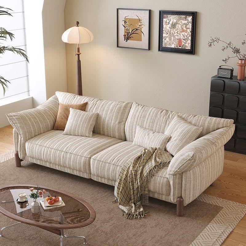 New Cream Snow Sofa, Mid-Century Style, Artistic Stripes, Meteor Cotton and Linen, Straight Row, Removable and Washable Fabric Sofa, Small Apartment
