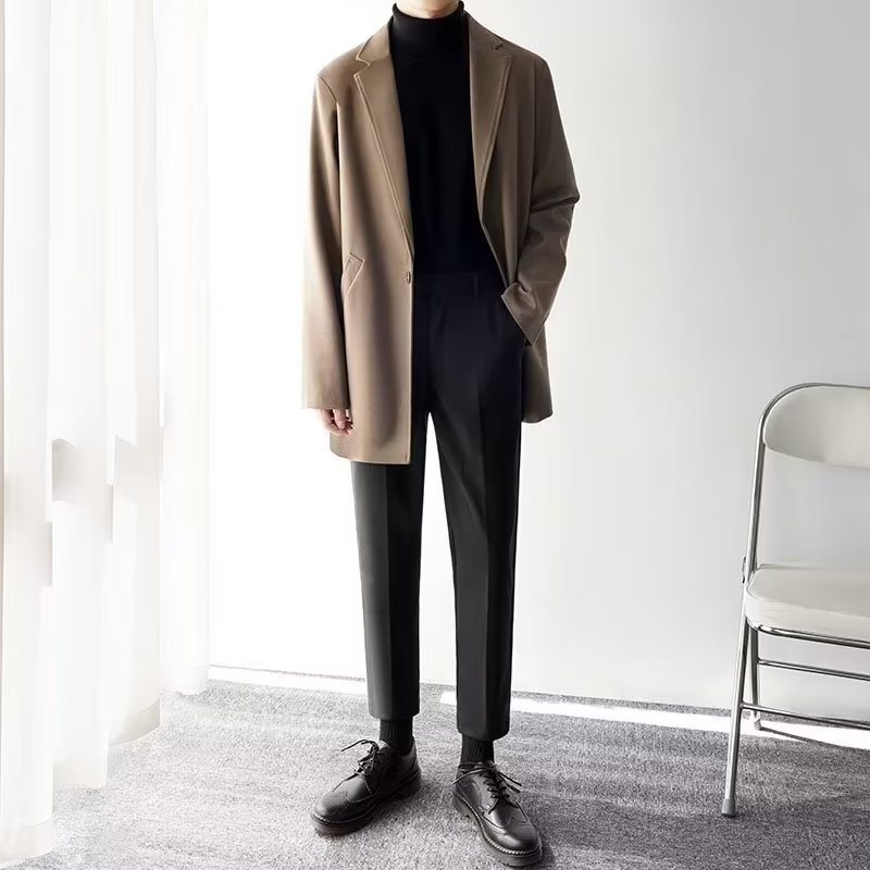가을과 겨울 모직 코트 남성 한국식 유행 잘 생긴 느슨한 모직 코트 홍콩 스타일 트렌디 브랜드 중간 길이 코트